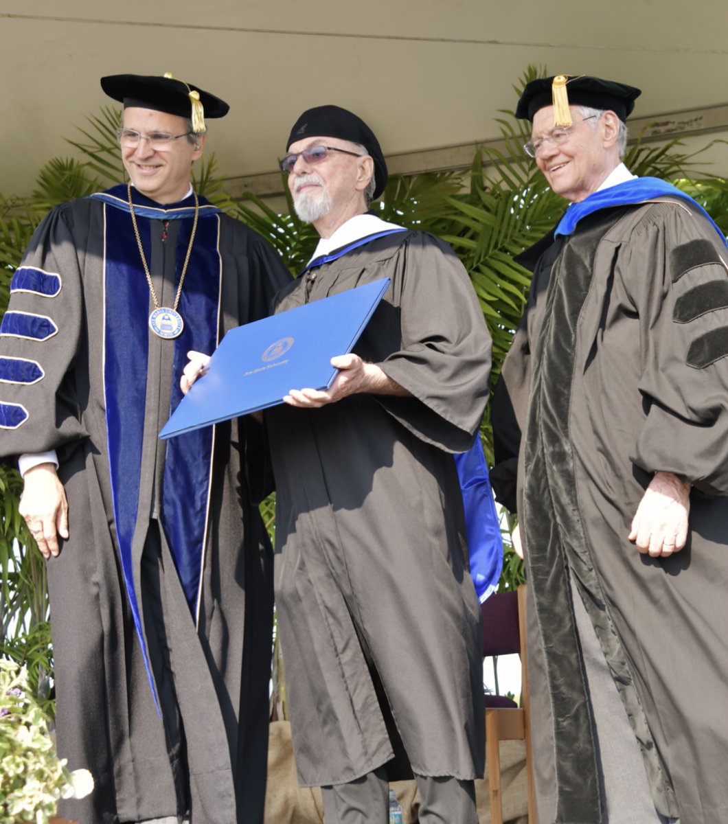 Here I am, Yours Truly, receiving an honorary doctorate from Ave Maria University, standing with University president Mark Middendorf & founder Tom Monaghan. What a beautiful, glorious commencement ceremony. Proud to call this place my alma mater & these kids my fellow alumni.