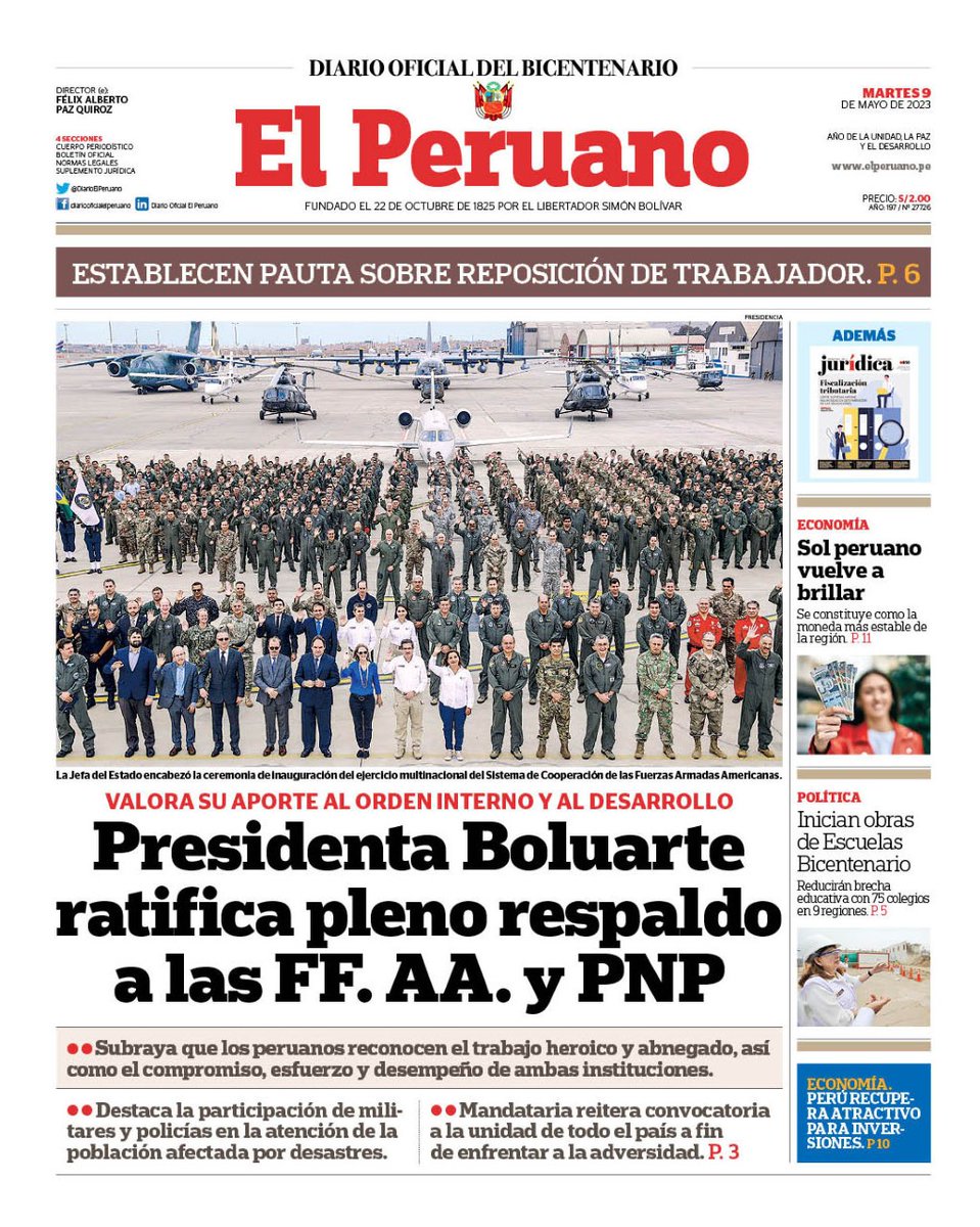 jradzinsky's tweet photo. Portada de control de daños del Gobierno, luego de las declaraciones de Boluarte, publicadas en @elcomercio_peru y la comprensible reacción crítica de Fuerzas Armadas y Policía. Gobierno débil e impopular en año de freno económico. https://t.co/OkyzyfWXGy