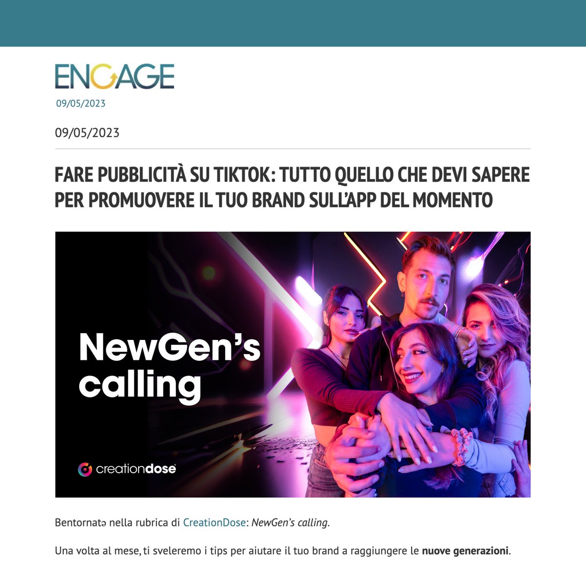 NewGen's calling... Again! Nuovo mese, nuovi tips: come utilizzare la pubblicità su #TikTok per il tuo #brand? Su <a href="/Engage_Magazine/">Engage</a> ecco i nostri consigli per sfruttare al meglio l'ADV sulla piattaforma preferita dalle #NewGen! creationdo.se/advertising-ti…

#CreationDose