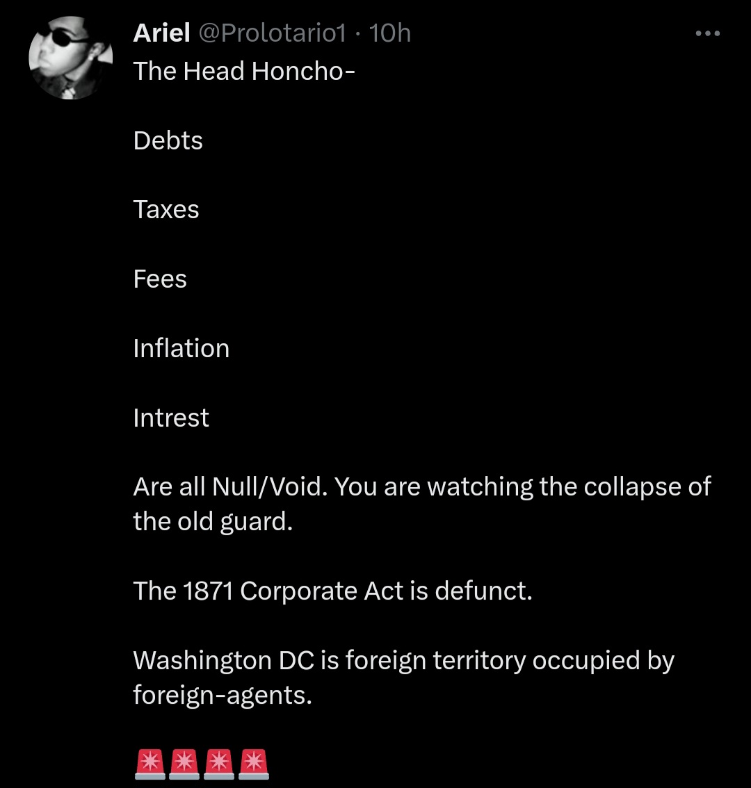Prolotario1's tweet photo. The CIA/Media

The Politicians

The Bankers

Are not going to announce your sovereignty for you. Indian Reservations are not subject to none of the things listed below. 

There is no 1871 Corp Act on their land. Gold/Silver purchase of any property makes you sovereign. https://t.co/dQFB2iuQTb