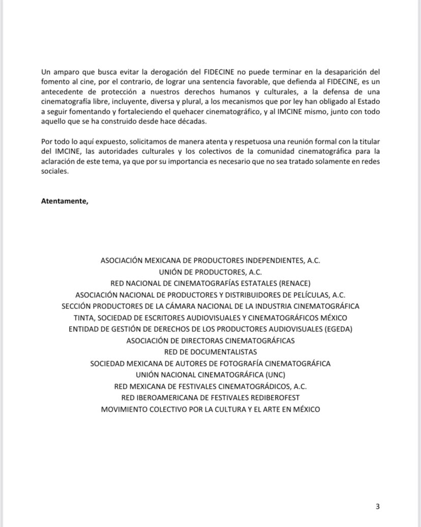 Sumamos a la solicitud de una reunión para la aclaración de la información compartida por IMCINE, que ha resultado en impresisiones y confusión para la comunidad cinematográfica, con la intención de seguir trabajando este tema que es muy importante para todos nosotros.