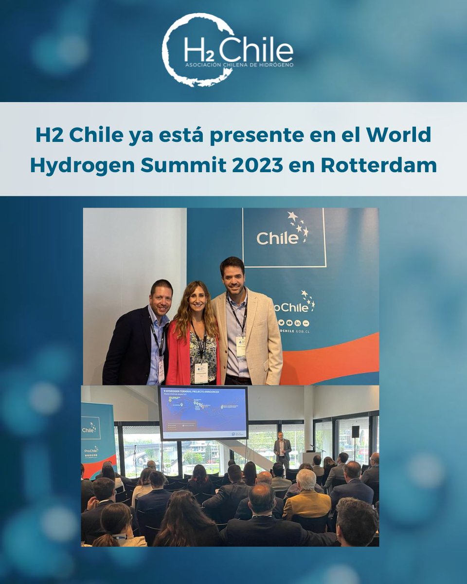 h2_chile's tweet photo. 🌏🇳🇱 ¡Ya comenzó! #H2Chile está presente en el World Hydrogen Summit 2023, en Rotterdam.
El presidente del gremio, Hans Kulenkampff, la vicepresidenta, Asunción Borrás, y el director ejecutivo, @kulka_marcos, son parte de la delegación chilena que ya está en el encuentro. https://t.co/dSyQaPiGP6