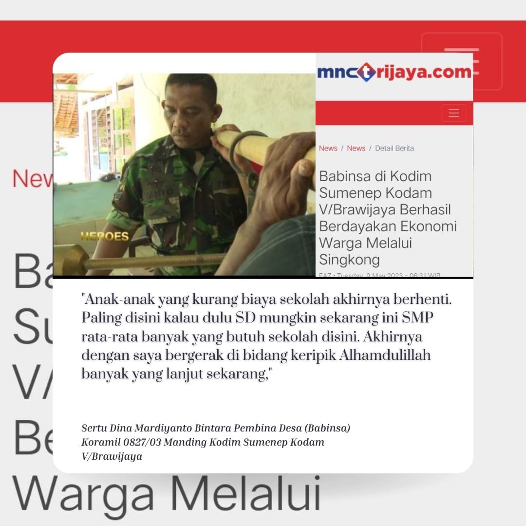 xwilloo's tweet photo. Babinsa di Kodim Sumenep Kodam V/Brawijaya berhasil berdayakan ekonomi warga melalui Singkong, sehingga dapat membuka lapangan kerja bagi 200 orang warga sekitar

Pangdam V Brawijaya
https://t.co/Xz9s0nO7FJ https://t.co/B8FWRC4X4m