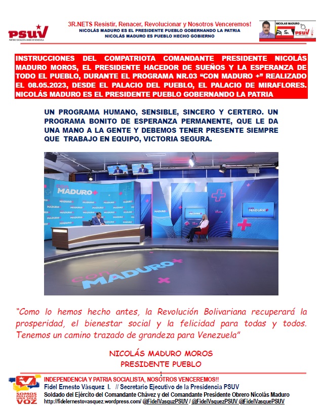 Instrucciones del presidente Nicolás Maduro durante el programa «Con Maduro +» bit.ly/3pmtnSG

<a href="/NicolasMaduro/">Nicolás Maduro</a> 
<a href="/FidelVasquzPSUV/">FIDEL E. VASQUEZ I.</a> 
#MaduroMásPueblo