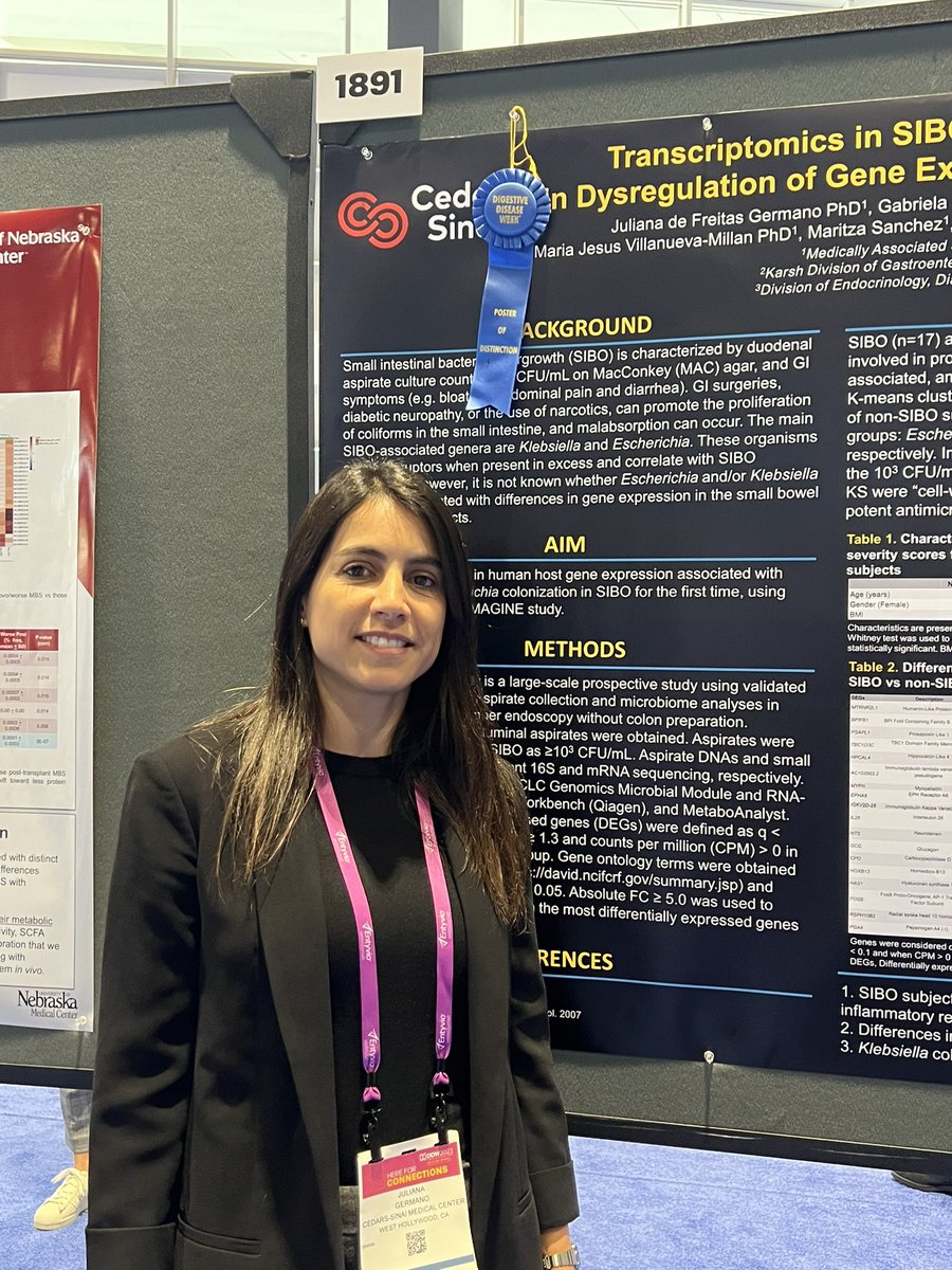 <a href="/MASTprogram/">MAST Research Program</a> is proud of Dr. Germano’s poster <a href="/DDWMeeting/">Digestive Disease Week</a> #DDW2023 showing SIBO subjects have differential expressions of genes in the human host small bowel mucosa abd this is associated with Ecoli and Klebsiella! Come see us # 1891! <a href="/CedarsSinaiMed/">Cedars-Sinai Academic Medicine</a>