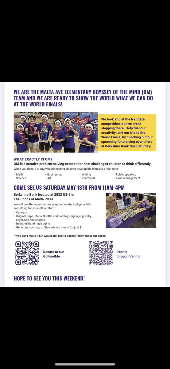 Stop by Berkshire Bank in Malta 5/13 from 11-4 and help the Odyssey of the Mind team raise funds: car wash, B Spa merch, Stewart’s ice cream for $1. See you there!
<a href="/MaltaAveElem/">Malta Ave Elementary</a> <a href="/BSCSD/">Ballston Spa CSD</a>