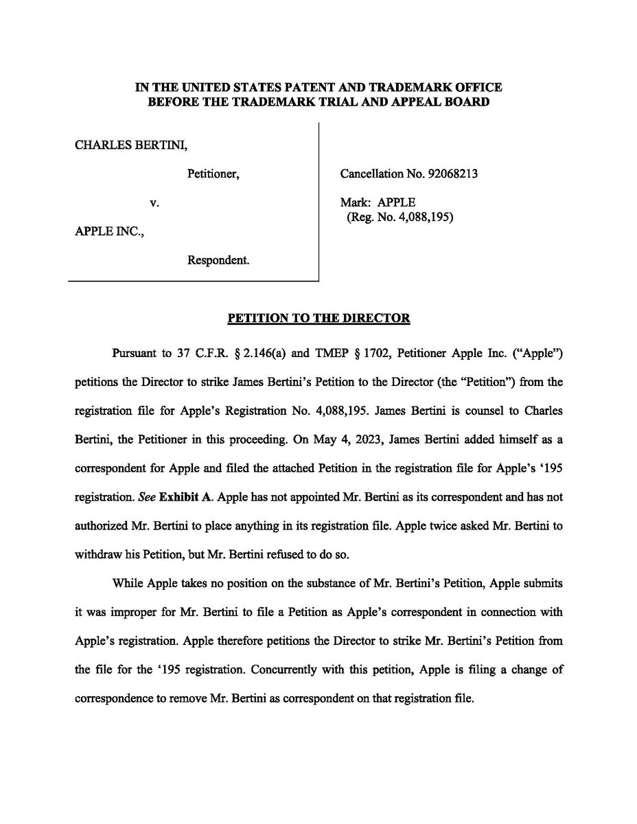 JamesBertiniTM's tweet photo. Client cant reg’ster ‘85 APPLE JAZZ; PTO &amp;Apl claim likelihood conf w ‘11 APPLE. We filed canx nonuse; trial over Feb ’21. Chief Judge Rogers won’t allow decide, so we filed Petition to Dir &amp; followed their instructions. Today Apple opposed. Neither TTAB or Apl want case decided. https://t.co/7QuMXp7C0t