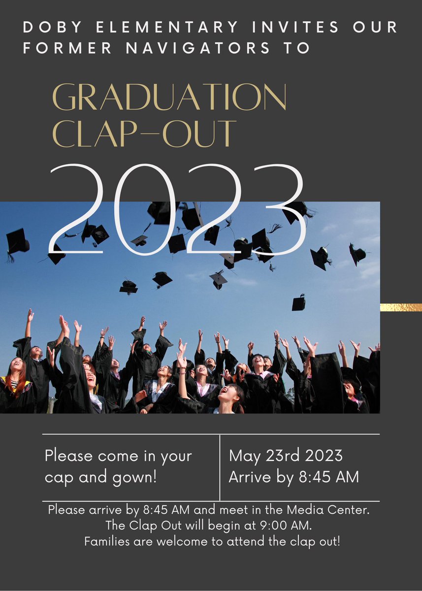 doby_elementary's tweet photo. Our 2023 Grad walk is two weeks from today on May 23rd!  We can't wait to see our former Navigators!!
@EastBayHS
@LennardHigh
@RiverviewSharks
@HCPS_SumnerHS
@HillsboroughSch
#NavigatorStrong https://t.co/vtIVTOash2