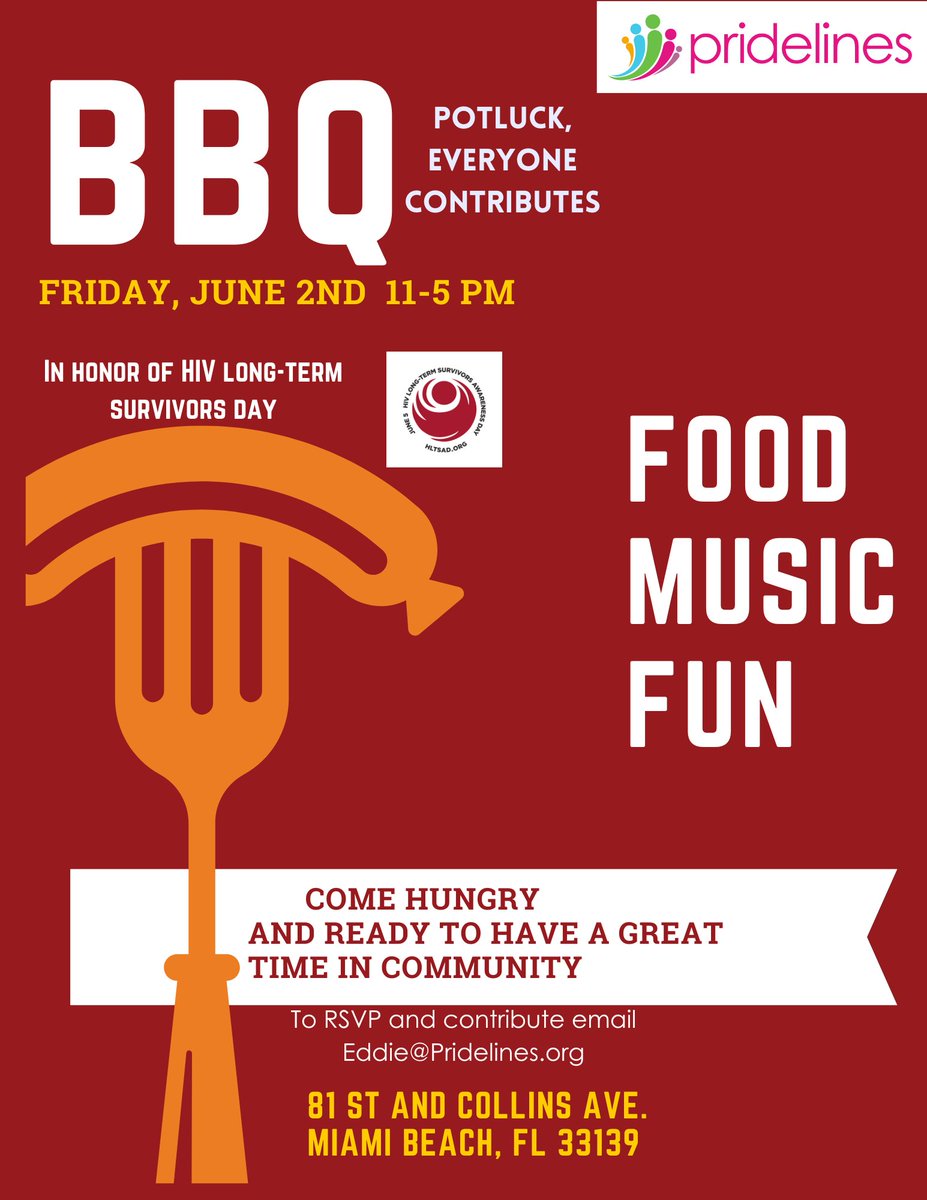 Pridelines (@pridelines) on Twitter photo In honor of #LongTermSurvivorsDay, we're throwing a BBQ Pot Luck! Join us for a day filled with food, fun, and music on Friday, June 2nd from 11a-5p. We can't wait to celebrate with you! To RSVP, please contact eddie@pridelines.org. See you there! ๐
#BBQParty #PrideLines #LGBTQ In honor of #LongTermSurvivorsDay, we're throwing a BBQ Pot Luck! Join us for a day filled with food, fun, and music on Friday, June 2nd from 11a-5p. We can't wait to celebrate with you! To RSVP, please contact eddie@pridelines.org. See you there! ๐
#BBQParty #PrideLines #LGBTQ