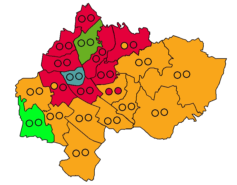 Stockport Council Composition as of May 9th 2023

Administration (30):
🔶 Liberal Democrats - 30 

Opposition (33):
🌹 Labour/ Labour Co-Op - 24
🌍 Green - 3
🫂 Edgeley Community Association - 3
🫂 Heald Green Ratepayers - 3