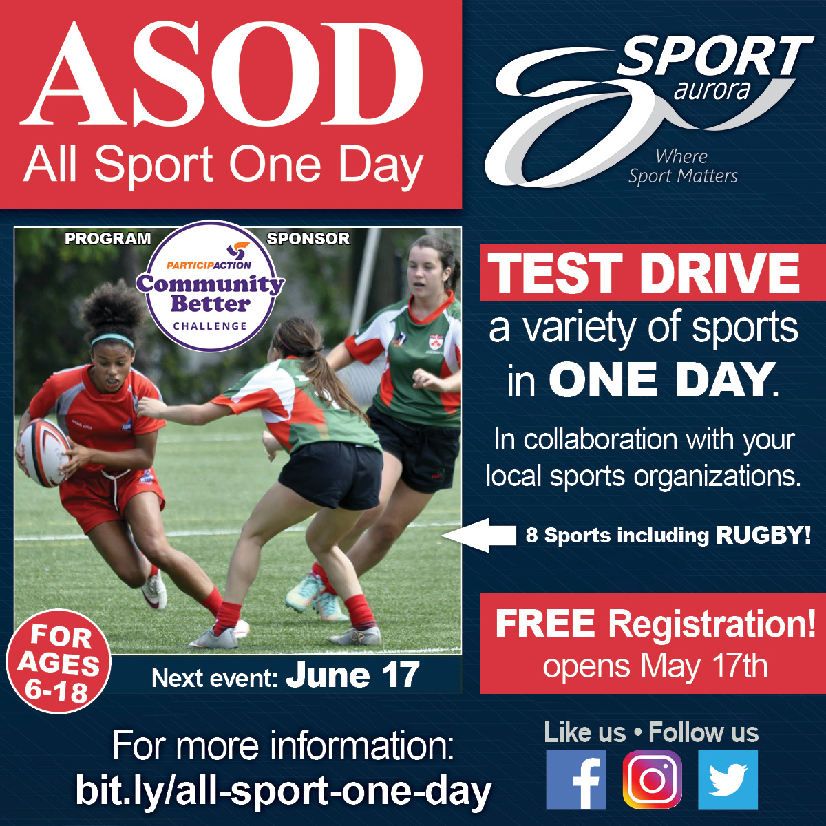 SportAurora's tweet photo. 🏉We are excited to share the participants in our June 17th, 2023 ALL SPORT ONE DAY event will be test driving RUGBY. Thanks to the Aurora Barbarians @aurorabarbs for joining us to teach this sport! Registration opens May 17th.  #tryasport #ASOD #physicallateracy https://t.co/eZmxjTncIM