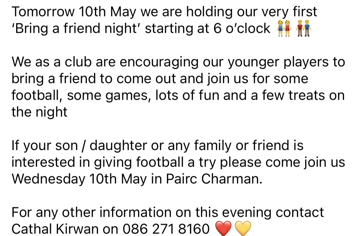 Tomorrow 10th May we are holding our very first ‘Bring a friend night’ starting at 6 o’clock 👭👬 We as a club are encouraging our younger players to bring a friend to come out and join us for some football, some games, lots of fun and a few treats on the night