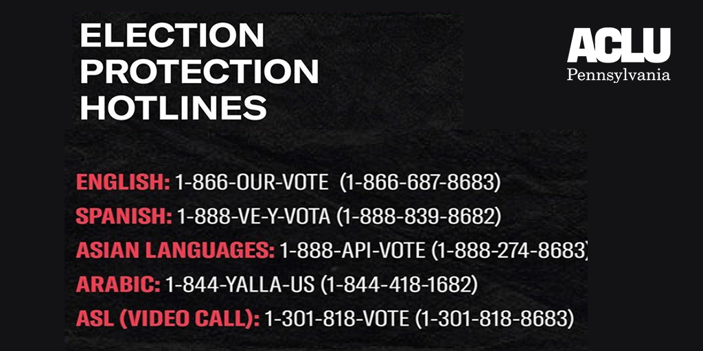 Have questions about voting? Run into trouble while trying to cast your ballot? Call the nonpartisan election protection hotline. ACLU-PA and our coalition allies are here to help!