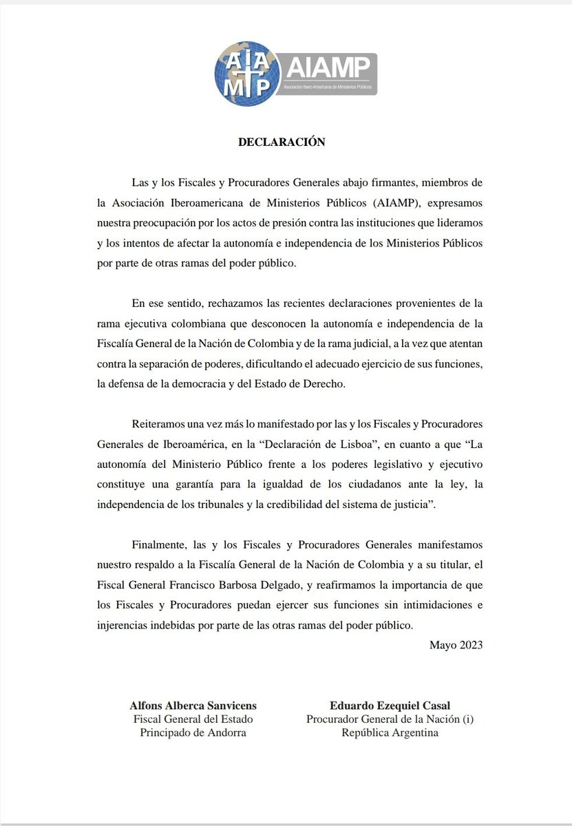 tutoquiroga's tweet photo. Flagrante hipocresía internacional: Fiscal General de #Bolivia suscribe respaldo a su colega en #Colombia, quien está bajo durísimo ataque, e intento de someterlo, de parte del Presidente Petro. 

No basta con defender independencia de fiscalía afuera, hay que demostrarla aquí. https://t.co/PlYaBEuf7p