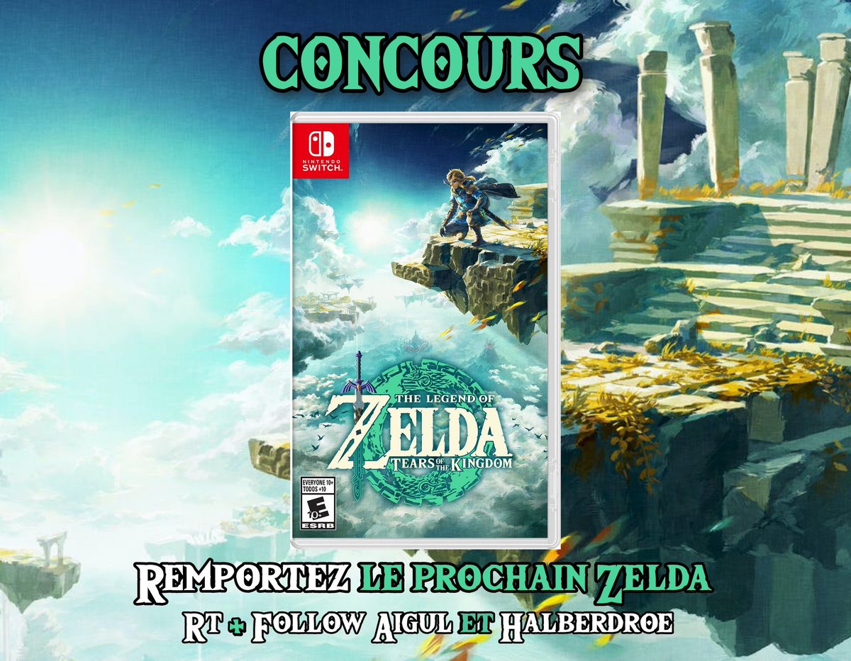 SavoirsZelda's tweet image. 🎁 CONCOURS 🎁

À 3 jours de la sortie de Zelda TOTK, moi et @AigulOFF_ on vous refait gagner 1 exemplaire du jeu! 🍀

Pour participer : RT 🔁 + Follow @Halberdroe &amp;amp; @AigulOFF_

🗓️ Tirage au sort le 16 mai !