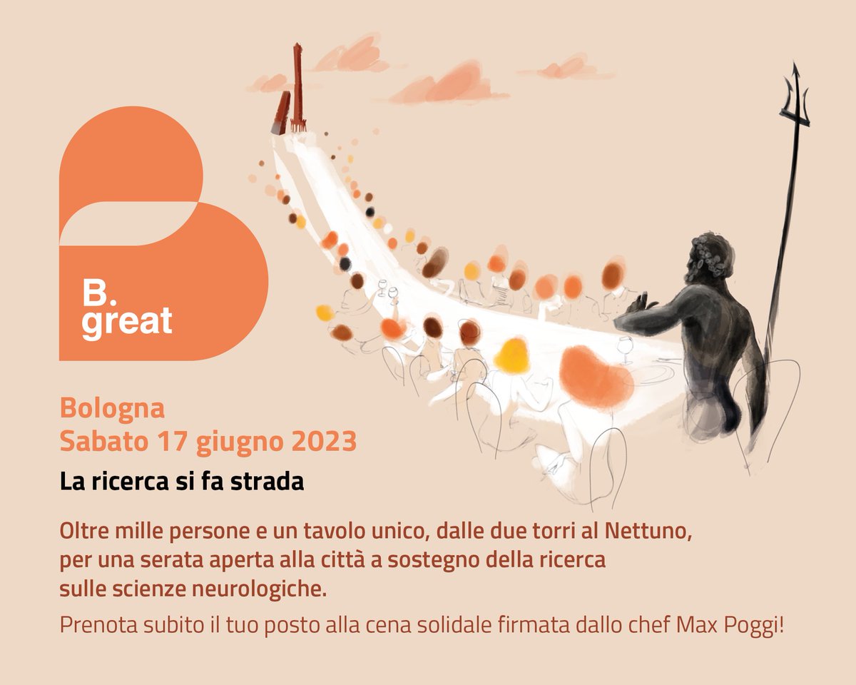 Bimbo Tu, <a href="/AspBologna/">AspBologna</a>, <a href="/bancadibologna/">bancadibologna</a> e <a href="/rekeep_spa/">Rekeep</a> presentano B.Great - La ricerca si fa strada
Un tavolo unico, dalle torri al Nettuno, per una serata aperta alla città a sostegno della ricerca sulle scienze neurologiche.
Biglietti disponibili dal 12 maggio! 
#bologna #bgreat
