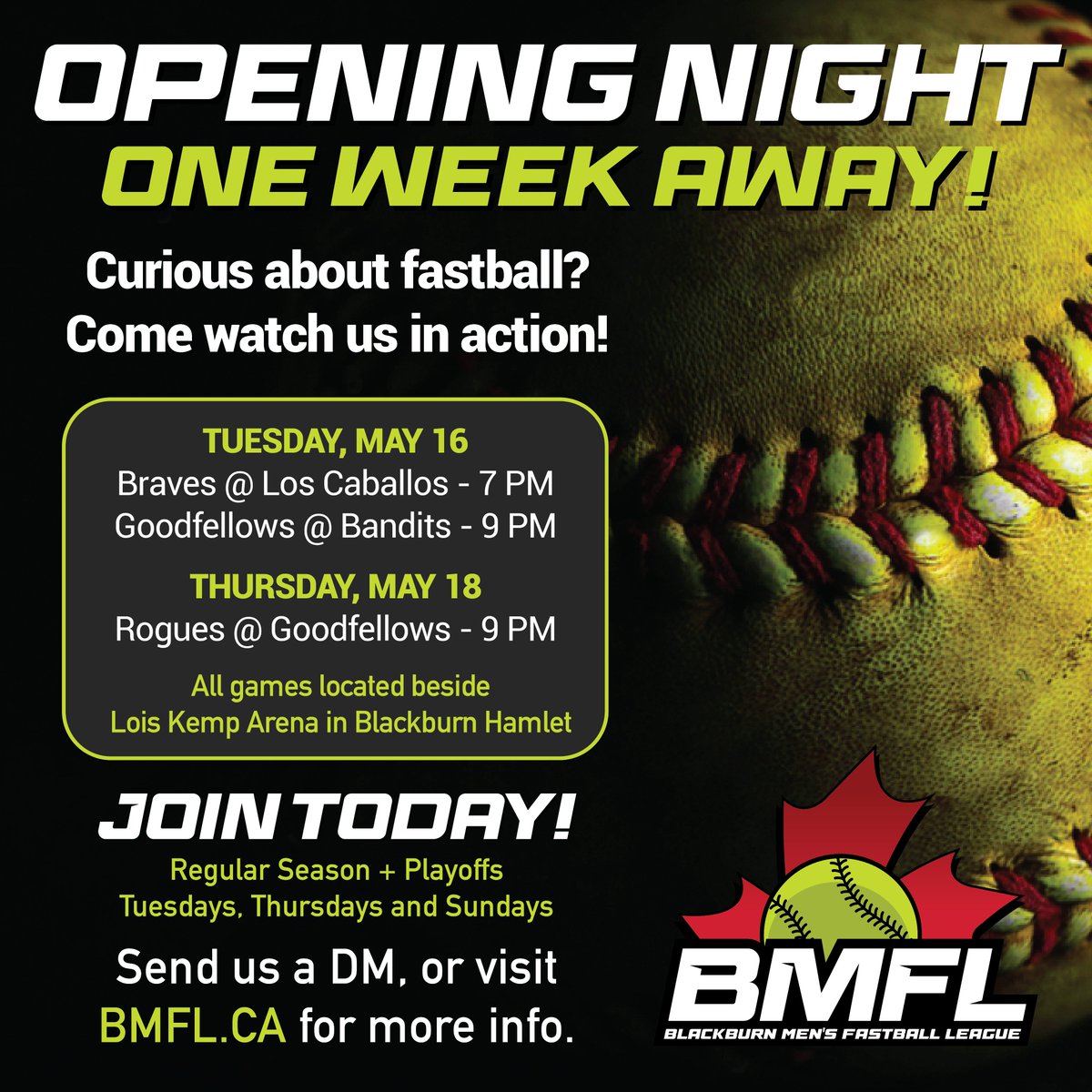 BMFLFastball's tweet photo. Our season opener is next Tuesday, May 16th beside the arena in Blackburn Hamlet. Visit https://t.co/WWANy9TOau for more information. #fastball #softball #fastpitch #softballcanada #blackburn https://t.co/4ozYRzCBHn