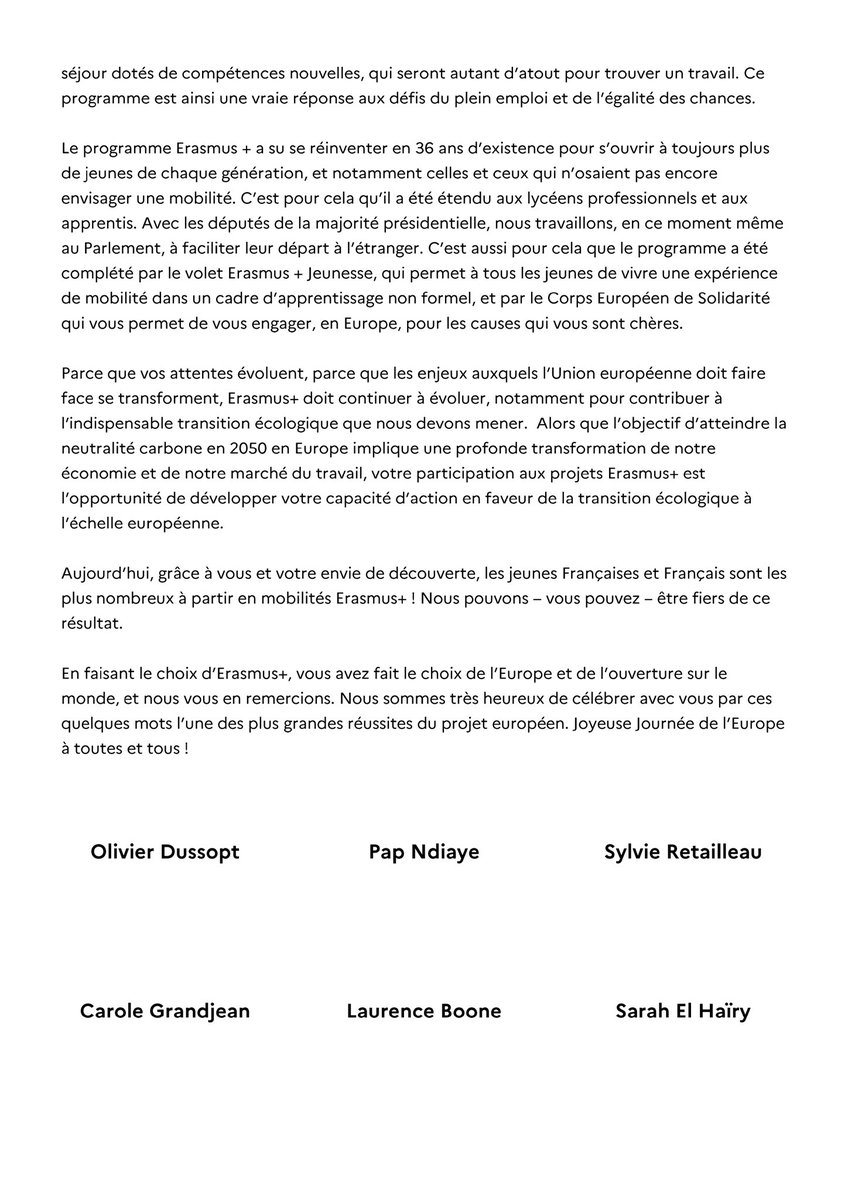 En ce #9mai, à travers cette lettre ouverte, <a href="/olivierdussopt/">Olivier Dussopt</a>, <a href="/PapNdiaye/">Pap Ndiaye</a>, <a href="/sretailleau/">Sylvie Retailleau</a>, <a href="/CGrandjean_/">Carole Grandjean</a>, <a href="/LaurenceBoone/">Laurence Boone</a> et <a href="/sarahelhairy/">Sarah EL HAÏRY</a> encouragent les jeunes à saisir l'opportunité #ErasmusPlus
"Faire le choix d'Erasmus+ c'est faire le choix de l'Europe"
➡️agence.erasmusplus.fr/documents-de-p…