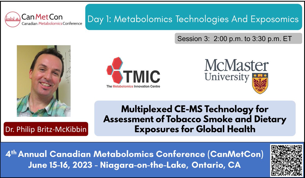 We still have seats available!

Join us at #CanmetCon2023 to hear from Dr. Britz-McKibbin sharing his expertise on Multiplexed CE-MS #Technology for Assessment of #Tobacco Smoke and Dietary Exposures for Global Health
#metabolomics #exposomics #lipidomics #bioinformatics