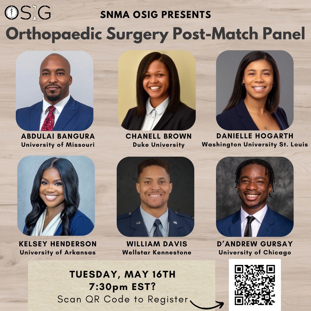 Event 🔌: 

Join the SNMA OSIG at their high-yield post match panel!! 

A panel of 6 incoming PGY-1s are ready to share their experience, wisdom, and pearls on May 16th @ 7:30 PM EST 

#MedTwitter #orthotwitter #ortho #orthopaedics #TheOrthoPlug