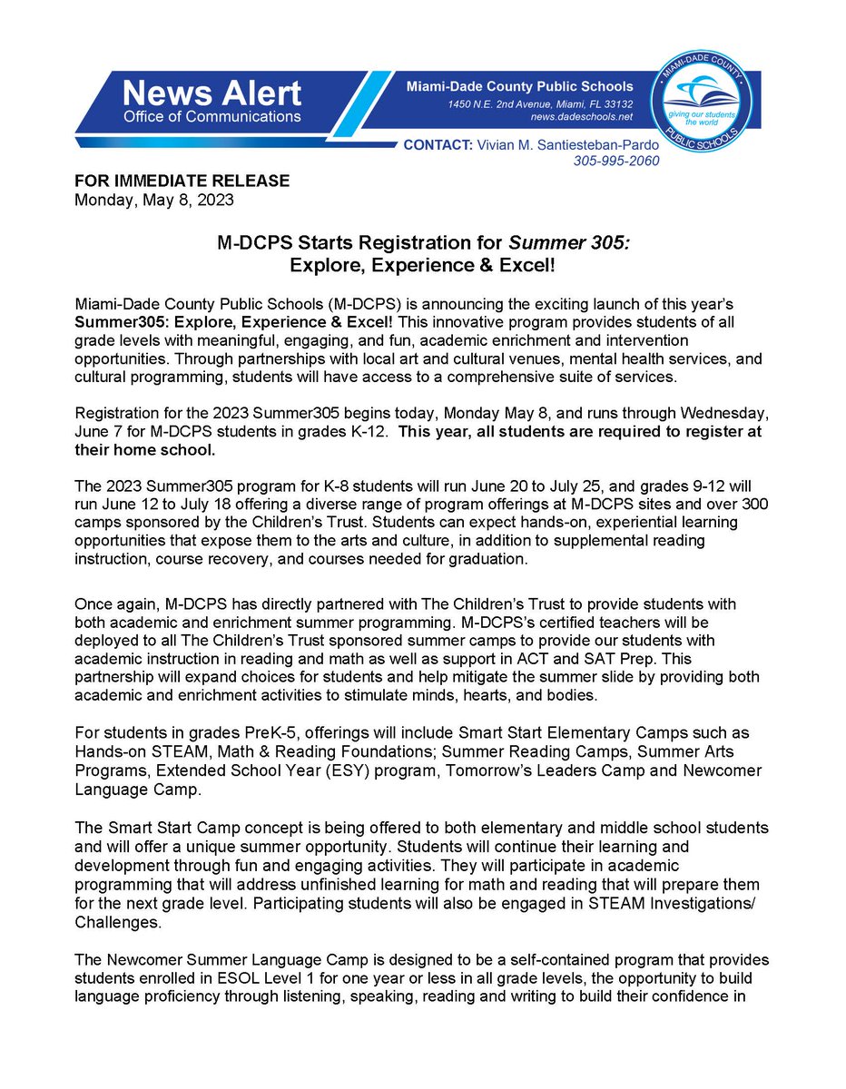 MDCPS's tweet photo. M-DCPS Starts Registration for Summer 305: Explore, Experience &amp; Excel! #Summer305 https://t.co/Y49igKbD9M