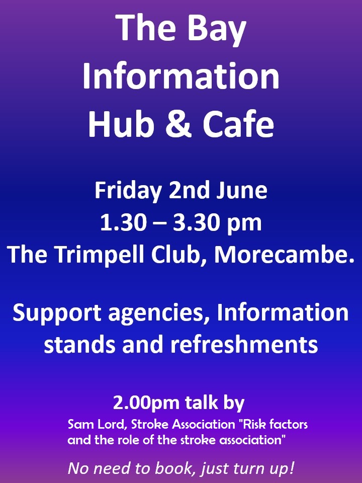 bayinfohub's tweet photo. Come and join us this Friday at @TheTrimpellSSC  Morecambe 1.30-3.30. With a 2pm talk by Sam Lord from the Stroke Association "Risk factors and the role of the Stroke Association"
#dementia #morecambe #support #caregiver #advice #dementiasupport https://t.co/29gUjo7g6v