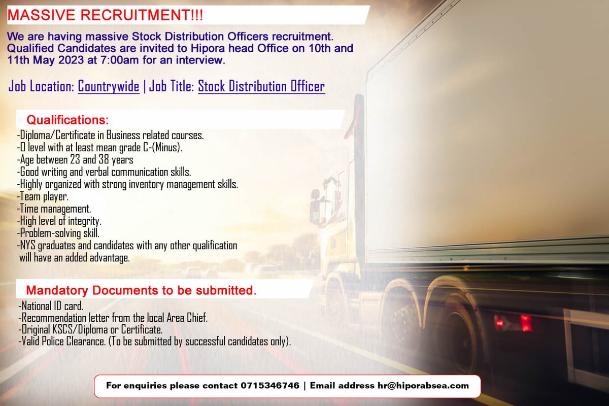 HiporaBsea's tweet photo. MASSIVE!!! Stock Distribution Officers recruitment on 10th and 11th May 2023 7:00am at our Head Office in Karen. #Jobs #careers #recruitment #hipora https://t.co/wbjN6ET82Z