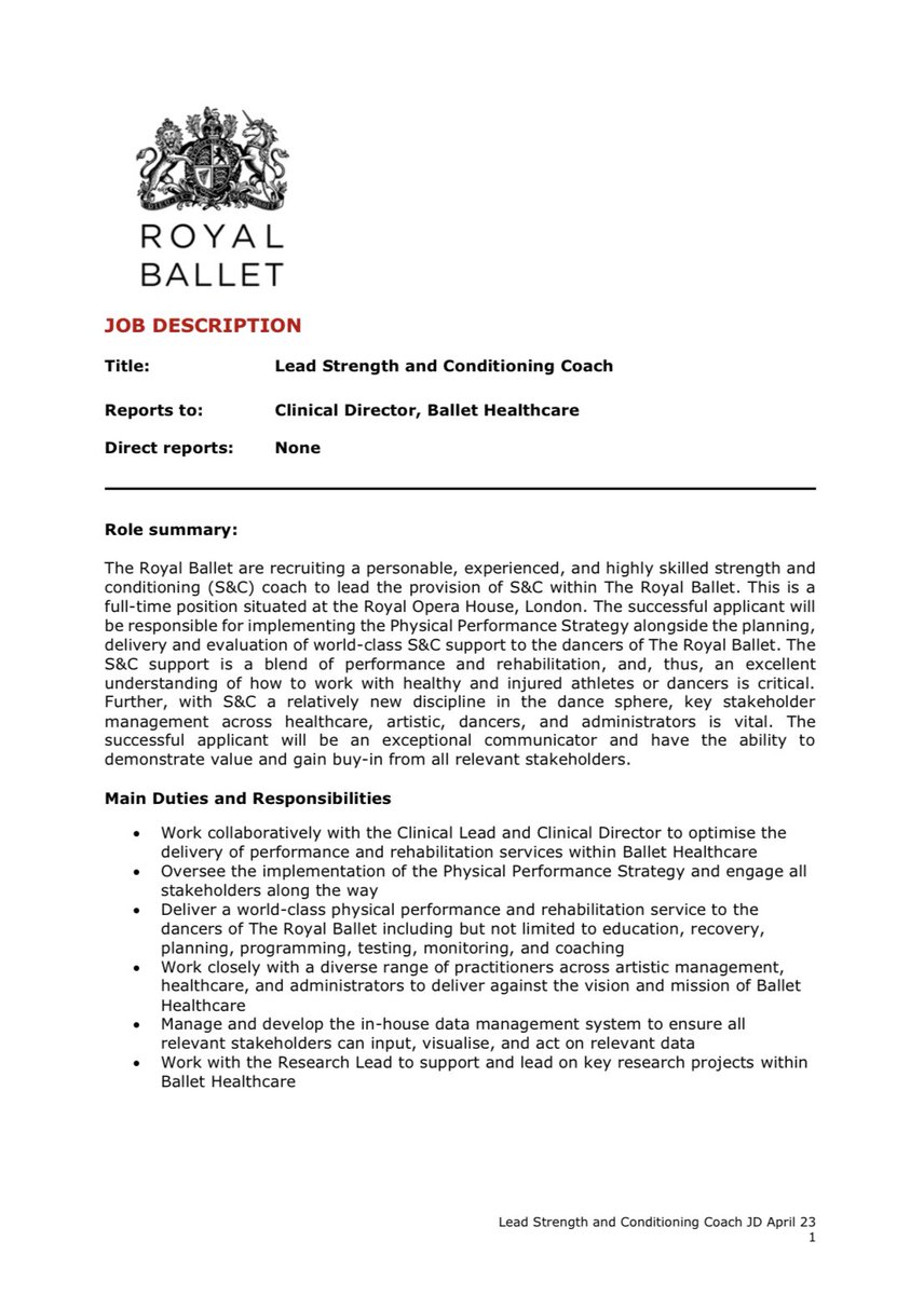 After 8 seasons with The Royal Ballet, I am leaving my current role as Lead S&amp;C.

I can not recommend this role enough. I’d encourage anyone interested to apply using the link attached. 

See the thread below for the perks. 

tinyurl.com/ballet-lead