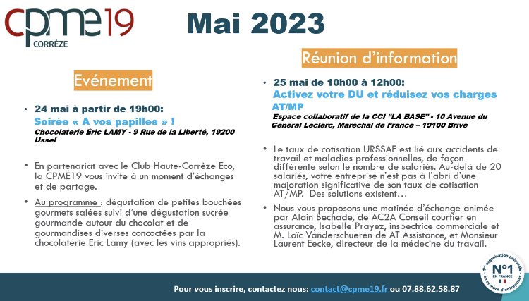 🗓 A vos agendas!
👉 Pour vous inscrire:
📧 contact@cpme19.fr
📞 07.88.62.58.87