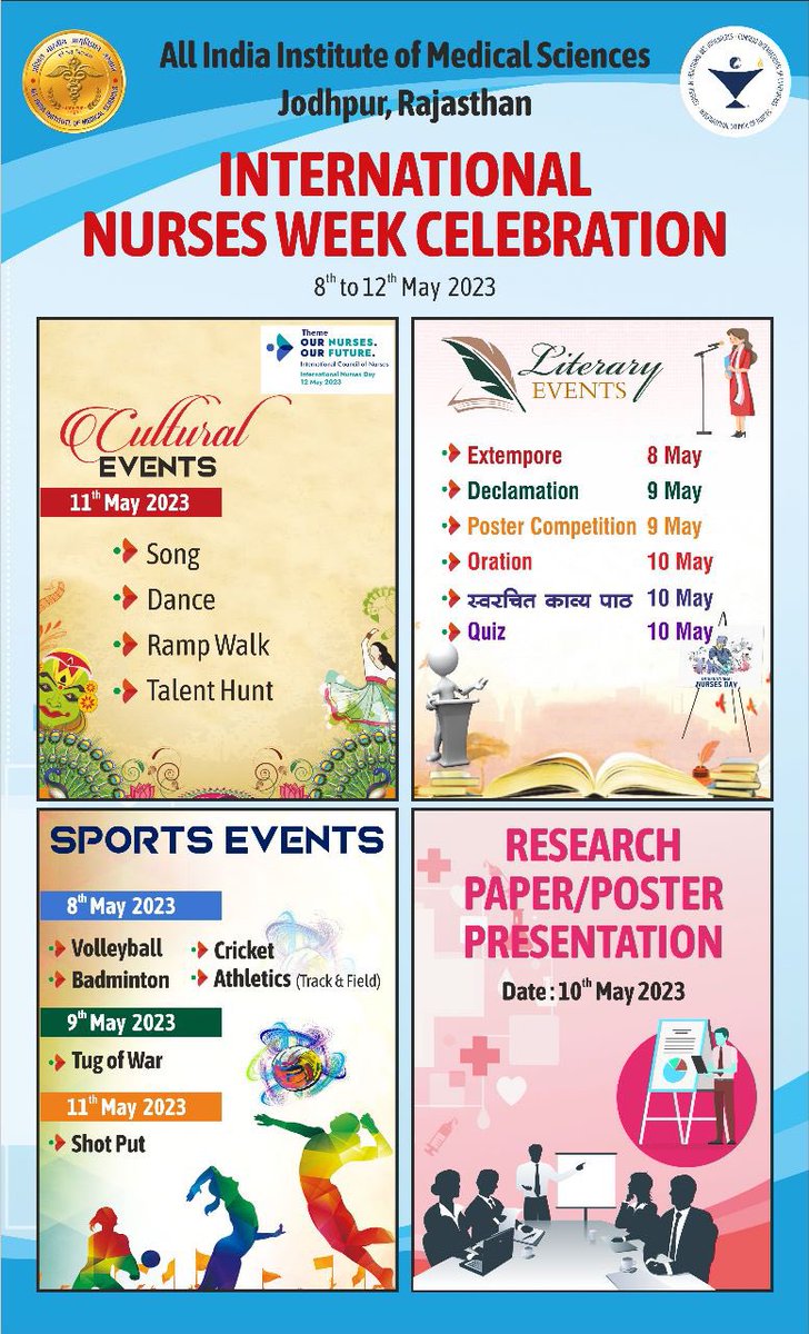 aiims_jodhpur's tweet photo. The Nurses are most valuable interface between Doctors &amp; patients and have a closer connect with the healthcare needs of the society. #AIIMSJodhpur is celebrating the International Nurses Week with the theme,“Our Nurses Our Future”. Let us celebrate together! @mansukhmandviya https://t.co/E6A9l0HgfG