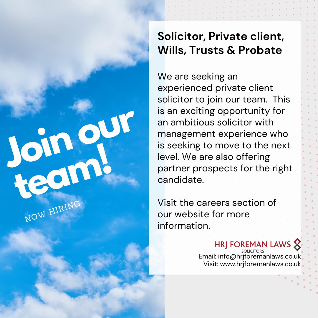 hrjforemanlaws's tweet photo. Join us! This is an exciting opportunity for an ambitious solicitor with management experience who is seeking to move to the next level.
https://t.co/PphHbOV3b3
#solicitorjobs #privateclientsolicitor #hitchinjobs #hertfordshirejobs #legaljobs https://t.co/JVwFnGpmuB