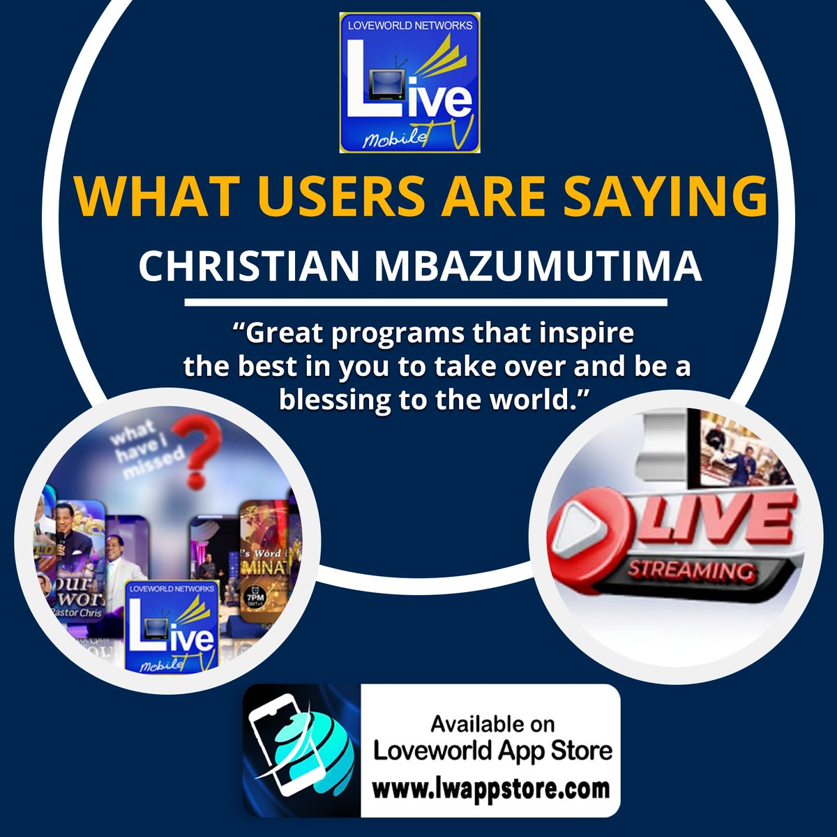 ChristEmbassy01's tweet photo. The #LiveTVmobile App is one of a kind in providing diverse #Liveprograms that are #wholesome, #inspiregrowth, & only give #truthful accounts of #happeningsaroundtheworld.
Download LiveTV Mobile #App now
https://t.co/UwvR0vQmNW ๐
Also on Google Play & iOS.
#LoveworldNetworks https://t.co/XdbQGaSBRZ