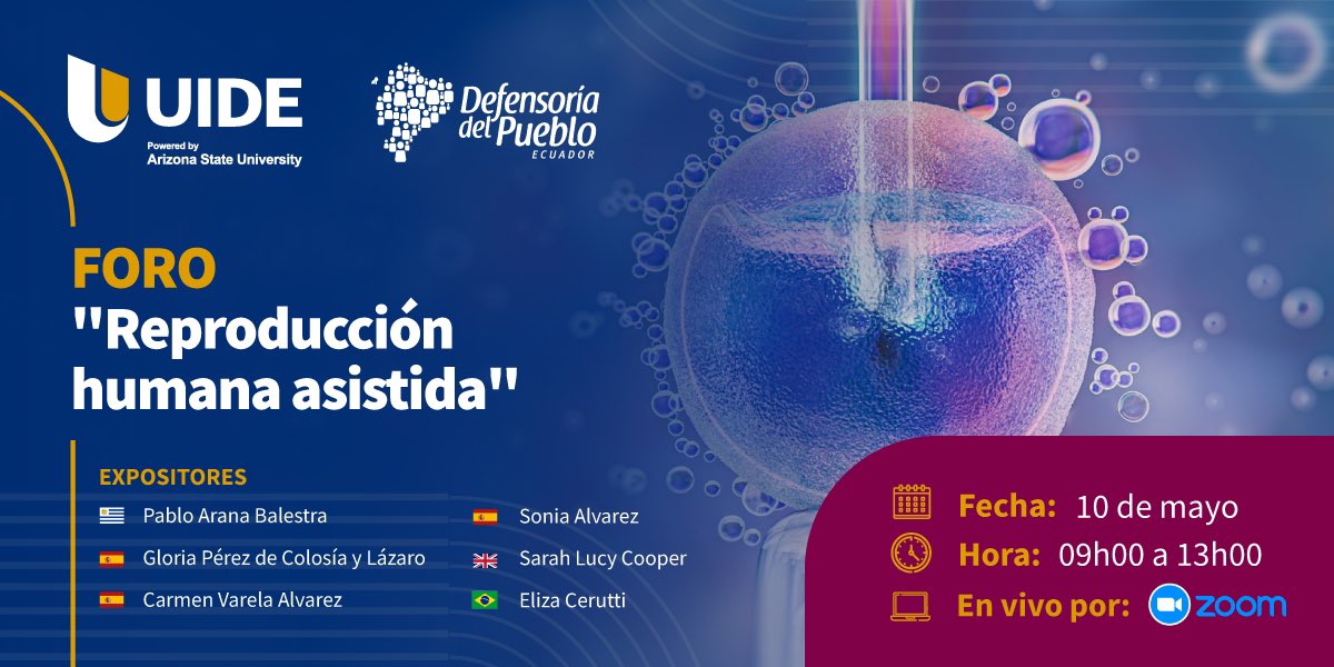 📌La Escuela de Derecho ⚖️ en conjunto con la Defensoría del Pueblo Ecuador, invitan al foro "Reproducción humana asistida".

🗓️Fecha: Miércoles, 10 de mayo.
🕐Hora: 09h00 a 13h00 (hora Ecuador).
💻Evento en vivo vía Zoom.

✅Regístrate: bit.ly/3LZ3GAk