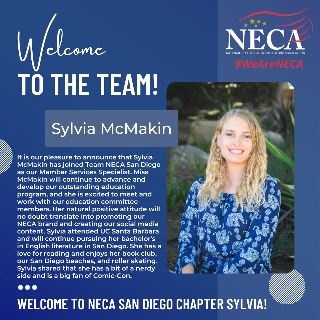 Look Who Has Just Joined Team NECA San Diego... Sylvia McMakin! Sylvia is our new Member Services Specialist! Welcome!
#NecaSanDiego #WeAreNECA #newteammember