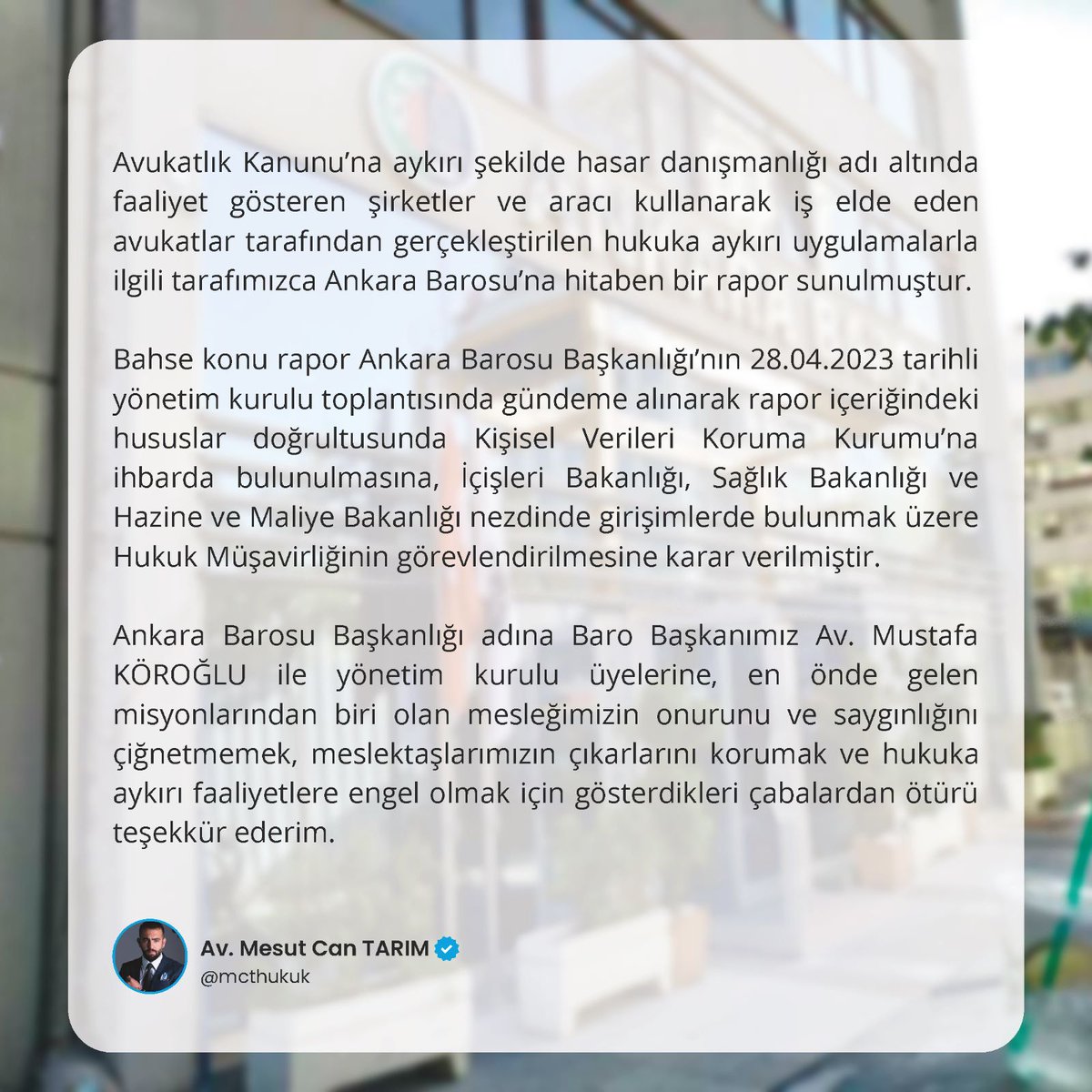 Hukuk eğitimi almadan avukatlık yapmaya kalkışan hasar danışmanlık şirketleri hk. 

Bu vesileyle tüm kamu kurum ve kuruluşları nezdinde KVKK'ya aykırı bir şekilde işlem tesis eden kamu personelleride takibe alınacaktır..
