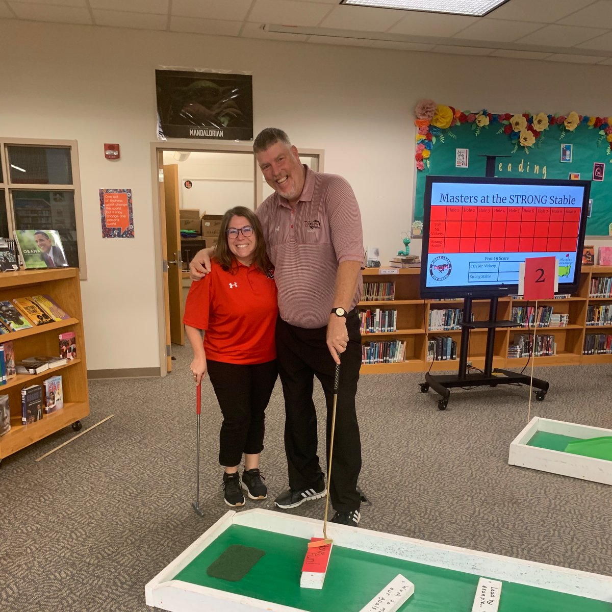 PrincipalPeckha's tweet image. We’ve got quite the “Masters” tournament going today between our Master Teacher- Mr. Vickery and the #StrongStable! SHOUT OUT to @WestLakeElem  for use of this AMAZING course! @mchsmustangs