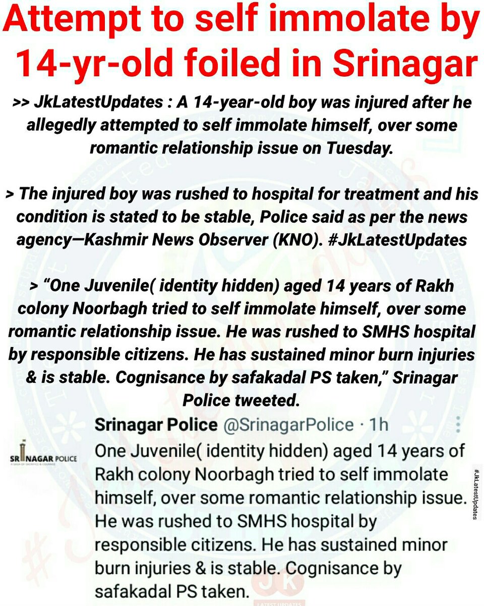JkLatestUpdates's tweet photo. >> Attempt to self immolate by 14-yr-old foiled in Srinagar. #JkLatestUpdates

#Srinagar #Immolate #RomanticRelationship @RJSameenKhan @mehakzubair1 @rjnasirkashmir @Mirchi_Rafia @JmuKmrPolice @Sleet_Shah @mansha_beig @KashmirPolice @ddnewsSrinagar @RJFarhuma @Drsheikhamina https://t.co/vbdgqDcC4G