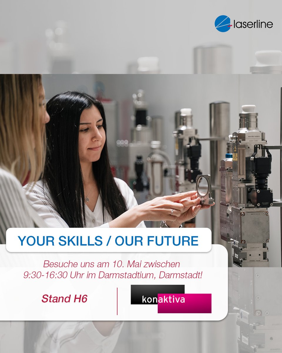 LaserlineGmbH's tweet photo. Besuche uns am 10. Mai bei der @konaktivaDA  -Unternehmenskontaktmesse im Darmstadtium! Erfahre mehr über die Karrieremöglichkeiten bei #Laserline! Vom Praktikumsplatz über Abschlussarbeit bis hin zum Direkteinstieg, wir geben dir die nötigen Infos!
#konaktiva #konaktiva2023 https://t.co/SKxkCut5h8