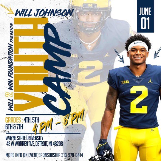 Willj1228's tweet photo. I’m excited to announce I’ll be having my first Youth Football Camp in my hometown of Detroit! Sign up with the link below ⬇️ 

https://t.co/2ZRm4x59qc https://t.co/vF1ogeXZUT
