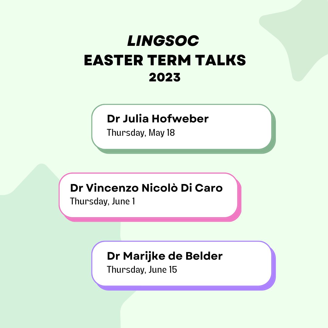 CULingSoc's tweet photo. ANNOUNCEMENT: The schedule for Easter term's LingSoc talks is finally out! Our first talk will be on Thursday, May 18 - don't forget to check your emails for more information!😊 https://t.co/rjgZkORP8V