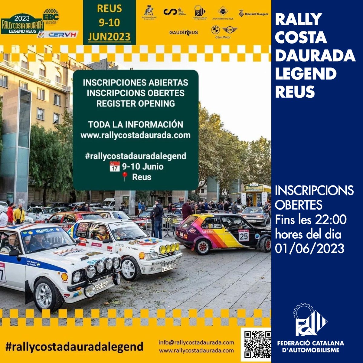 FCAutomobilisme's tweet photo. 🏷️ RAL·LIS
🏁 Rally Costa Daurada Legend Reus
‼️ Inscripcions obertes fins les 22 hores del dia 01/06/2023
ℹ️ https://t.co/DTR0zHGLrX
#FCAutomobilisme #motorsport #curses #inscripcions #obertes #ralli #costa #daurada #legend #reus #campionat #catalunya #vehicles #hisitorics https://t.co/wPUnrELAsU