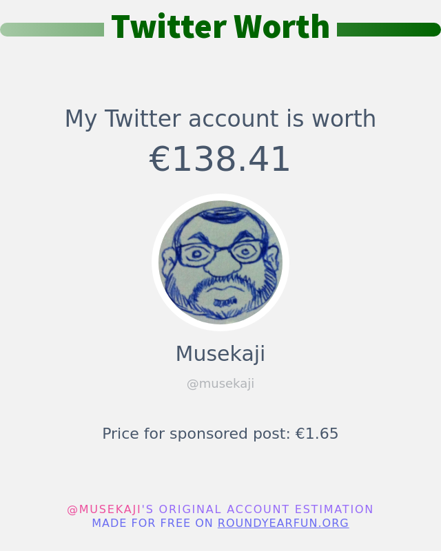 musekaji's tweet photo. Mi valor en Twitter es de: €138.41

➡️ https://t.co/L8jEROWSy2 https://t.co/rQPPPGlHfZ
