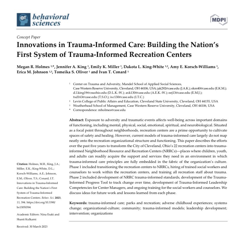 We are thrilled to share this paper describing our groundbreaking work bringing trauma-informed care into the City of Cleveland’s 22 recreation centers. Grateful to our partners and collaborators! 

PDF here: mdpi-res.com/d_attachment/b…