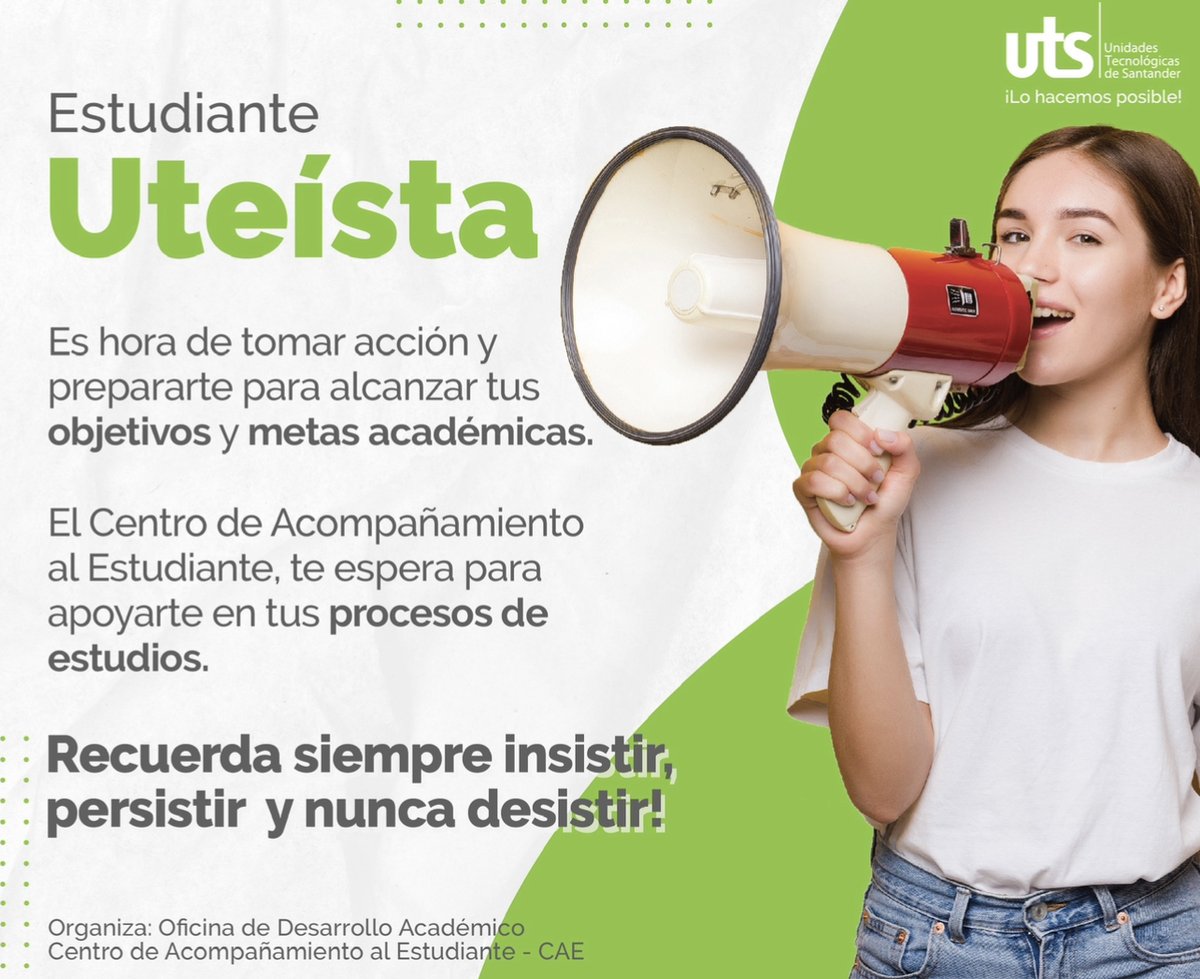 Unidades_UTS's tweet photo. #InfoUTS 💡 ¡Insistir, persistir y nunca desistir! En las UTS tenemos disponible para ti el CAE, espacio en donde encontrarás profesionales y docentes que te ayudarán con diferentes herramientas para apoyarte en tus procesos de estudio.
➡️cae@correo.uts.edu.co
#Lohacemosposible✅ https://t.co/IjXJUHIJNZ
