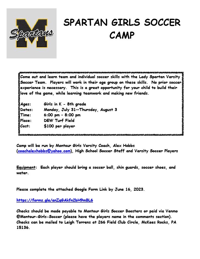 The Montour Lady Spartans soccer team will be hosting a youth camp for girls in grades K-8. Register at:

forms.gle/nc7u172ch7jGYh…

#Montourproud