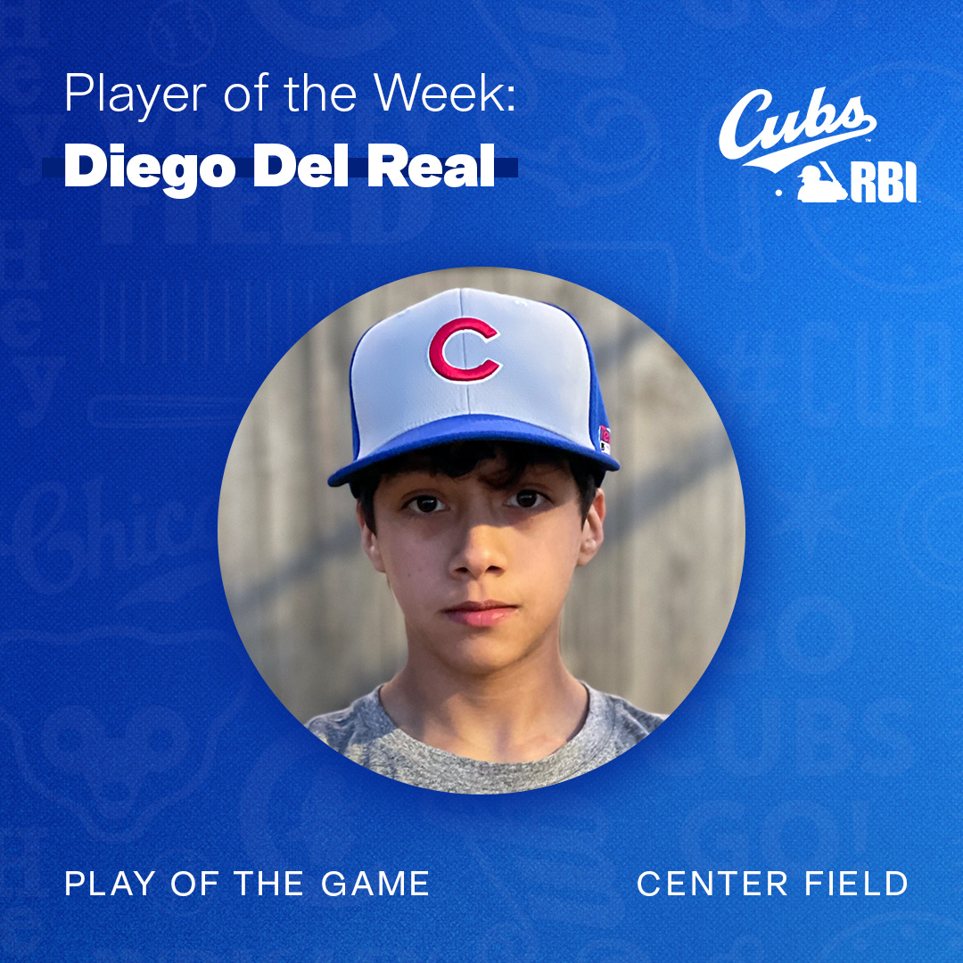 Our #CubsRBI player of the week is Diego Del Real! As center fielder for East Side Little League, Del Real made a game-saving catch with the bases loaded to end the inning. His base hit to right field resulted in two RBIs to win the game!