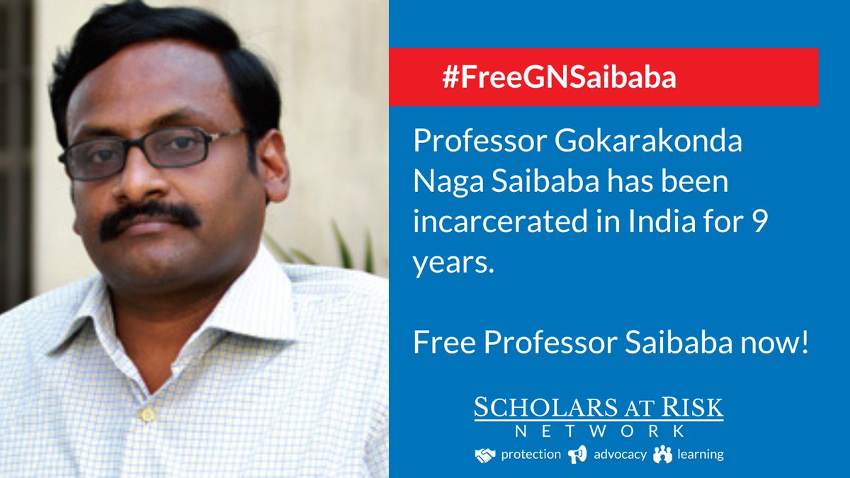 ScholarsAtRisk's tweet photo. Today marks 9 years since Indian authorities arrested Professor Gokarakonda Naga Saibaba. Professor Saibaba, a scholar of English literature, has continued to write poetry throughout the 3,287 days he has been in prison. #FreeSaibaba
https://t.co/leAjNqlHzw https://t.co/QQRMpBfZZj