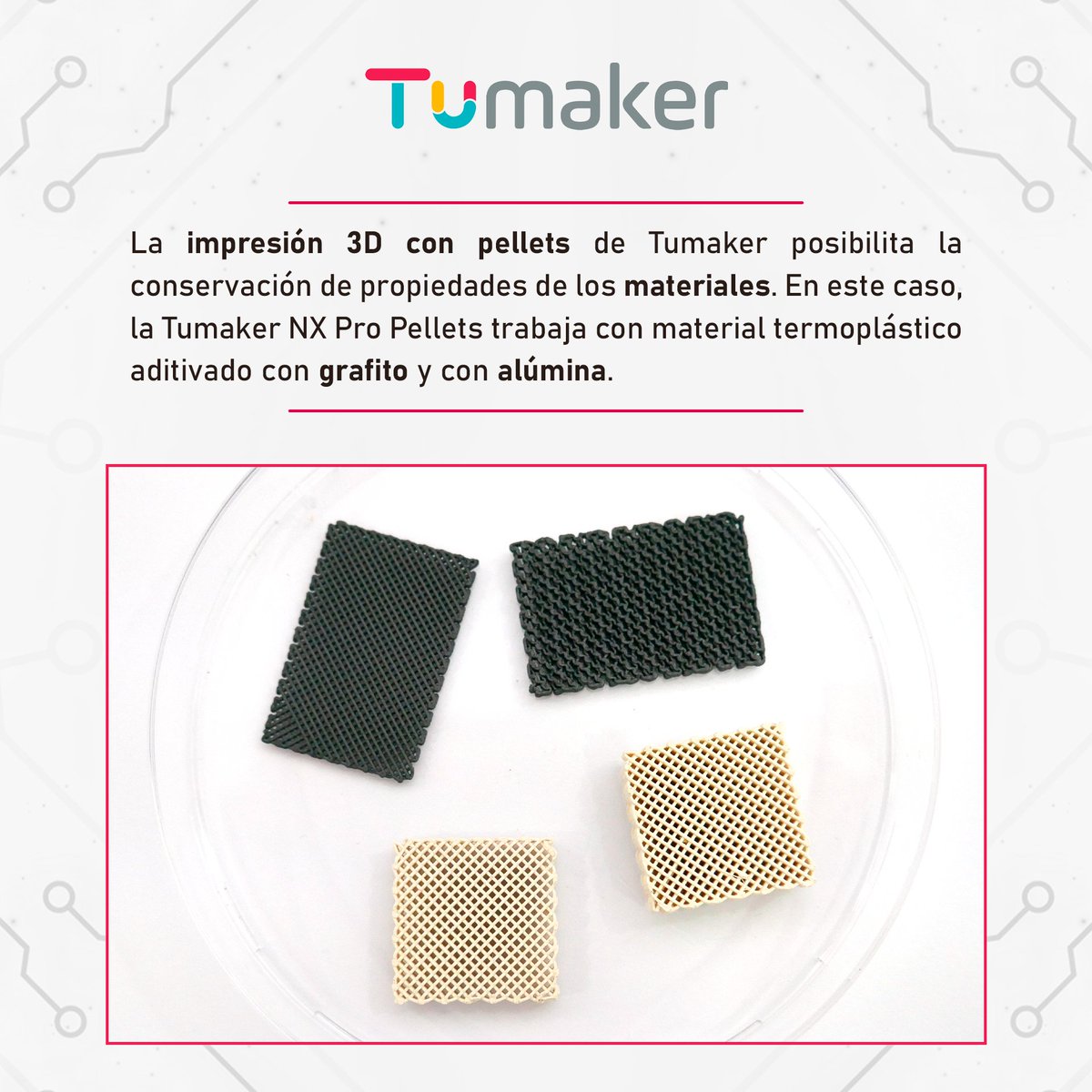Tumaker3D's tweet photo. Piezas impresas con #pellets usando material termoplástico aditivado con un 25% vol. de #grafito, y piezas con una materia prima con un alto contenido en nanopartículas de #alúmina.

Descubre la impresora Tumaker NX Pro Pellets utilizada en estas pruebas: https://t.co/xJ0J4Au5Qb https://t.co/APRqyFPYtx