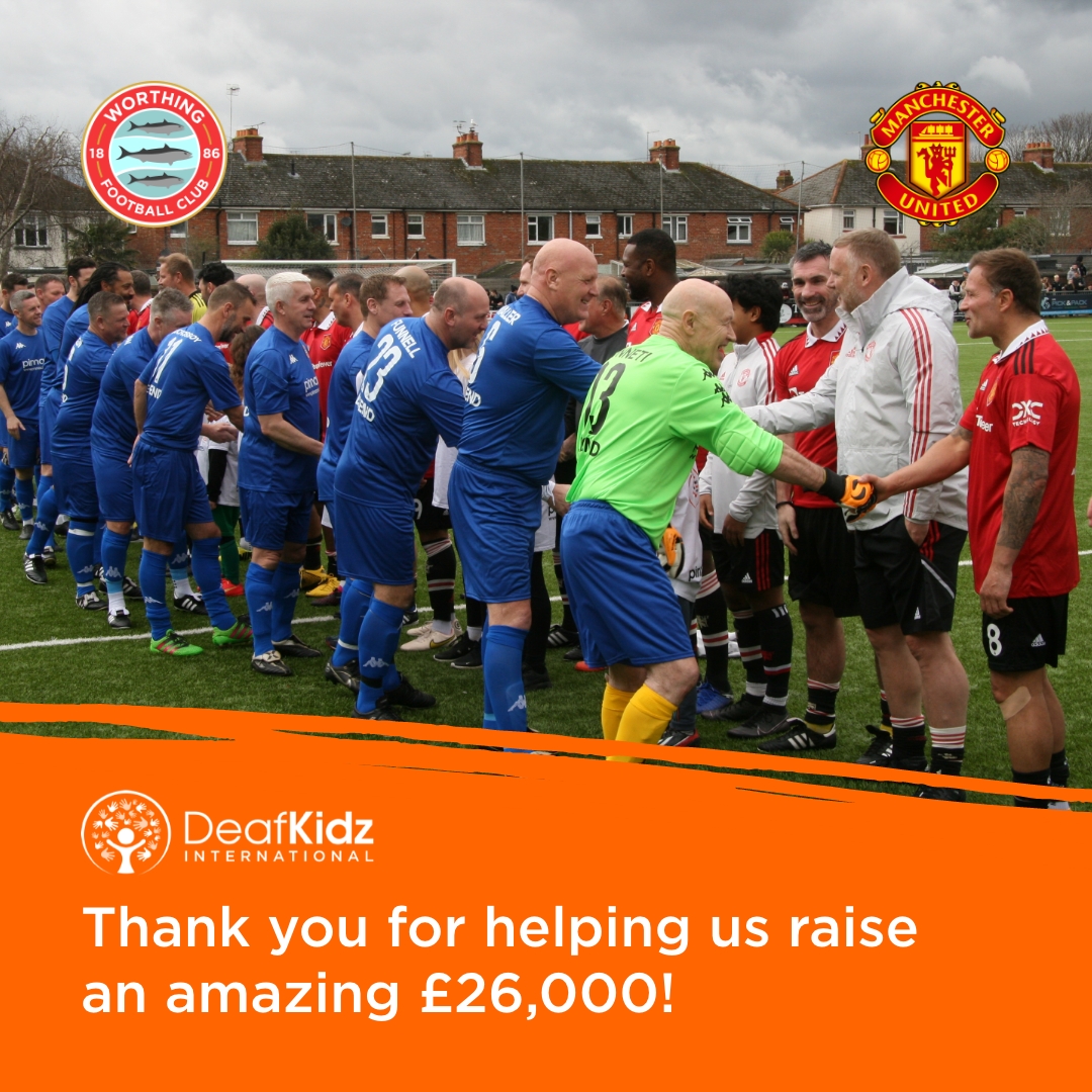 We raised an amazing £26,000 from the Manchester United legends vs Worthing legends football match on the 26th March 2023! Thank you to everyone who made this possible. deafkidzinternational.org #DeafKidzInternational #Football #WorthingFC #ManUtd #CharityTuesday