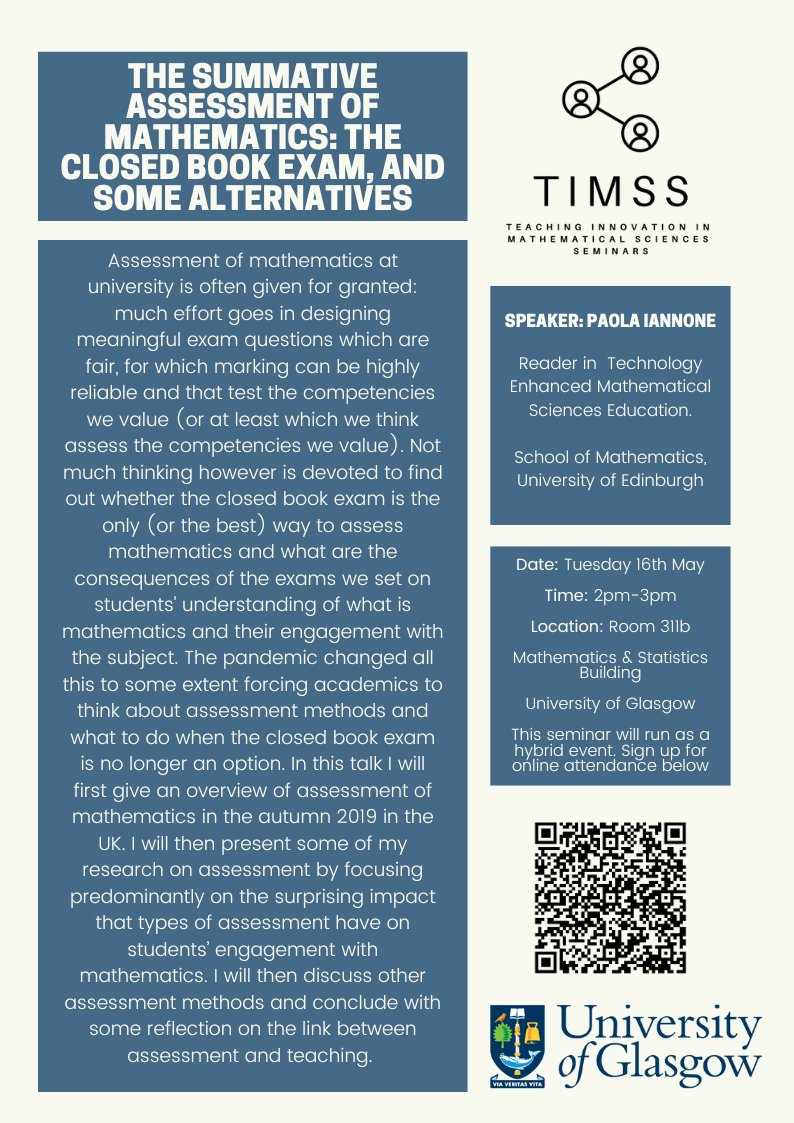 We are pleased to announce the launch of a new seminar series! The Teaching Innovation in Mathematical Sciences Seminar will take place on Tuesday 16th May at 2pm. You can sign up for online attendance at the following link - tinyurl.com/4c574r84